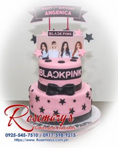 Delicious two-layer cake decorated in pink and black with a Kpop Blackpink theme. Order your custom cake from Rosemary's Cakes, call 0925-545-7510.