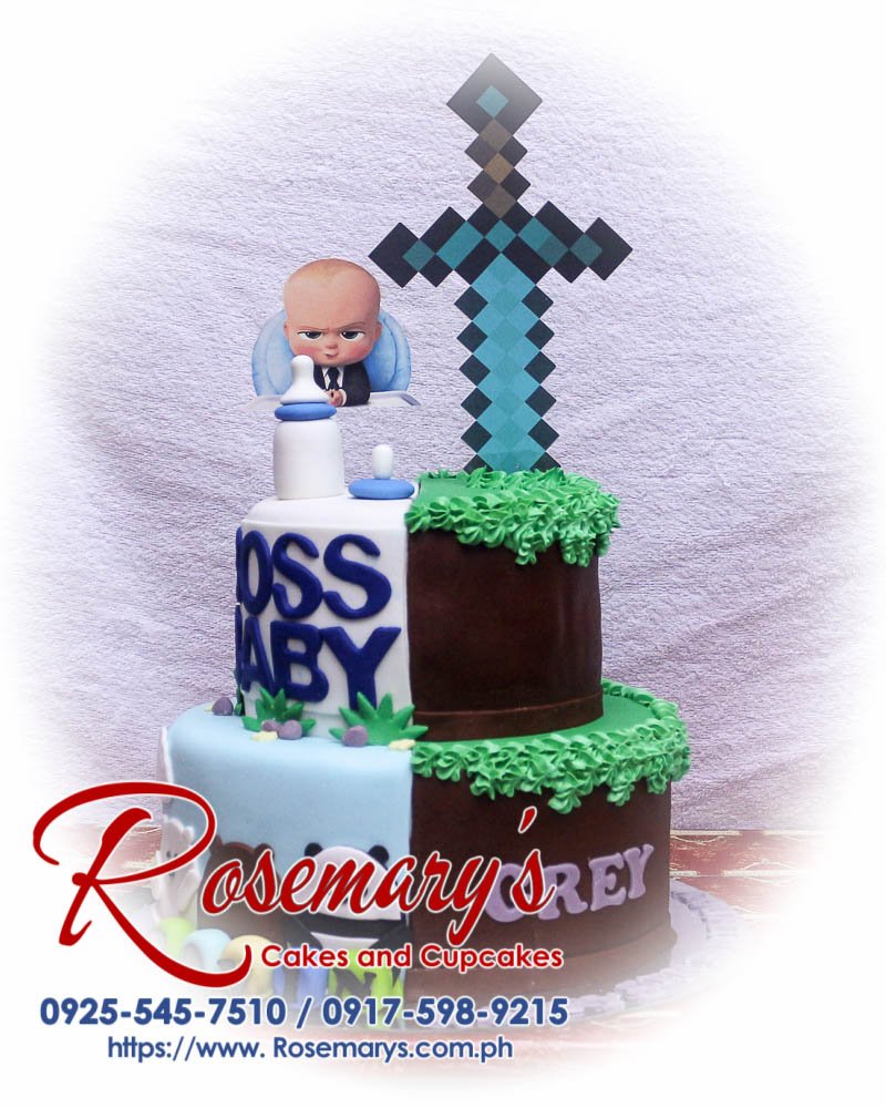 Delicious 2 layer split cake featuring Boss Baby and Minecraft theme, beautifully crafted by Rosemary's Cakes. Contact: 0925-545-7510.