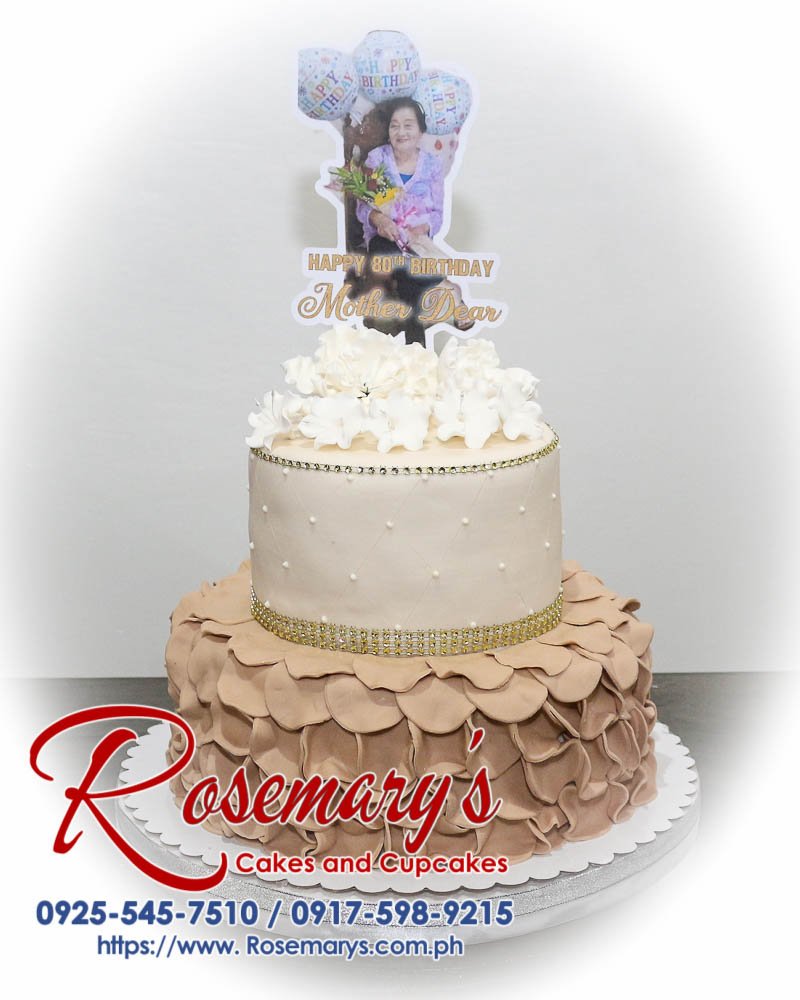 2 Layer Brown and Gold Birthday Cake A stunning 2 layer brown and gold themed birthday cake by Rosemary's Cakes, contact 0925-545-7510 for delicious cakes!