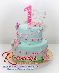 Delicious 2-tier pink and cyan butterfly-themed cake. Perfect for birthdays and special occasions. Order from Rosemary's Cakes: 0917-598-9215