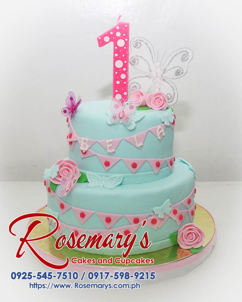 Delicious 2-tier pink and cyan butterfly-themed cake. Perfect for birthdays and special occasions. Order from Rosemary's Cakes: 0917-598-9215