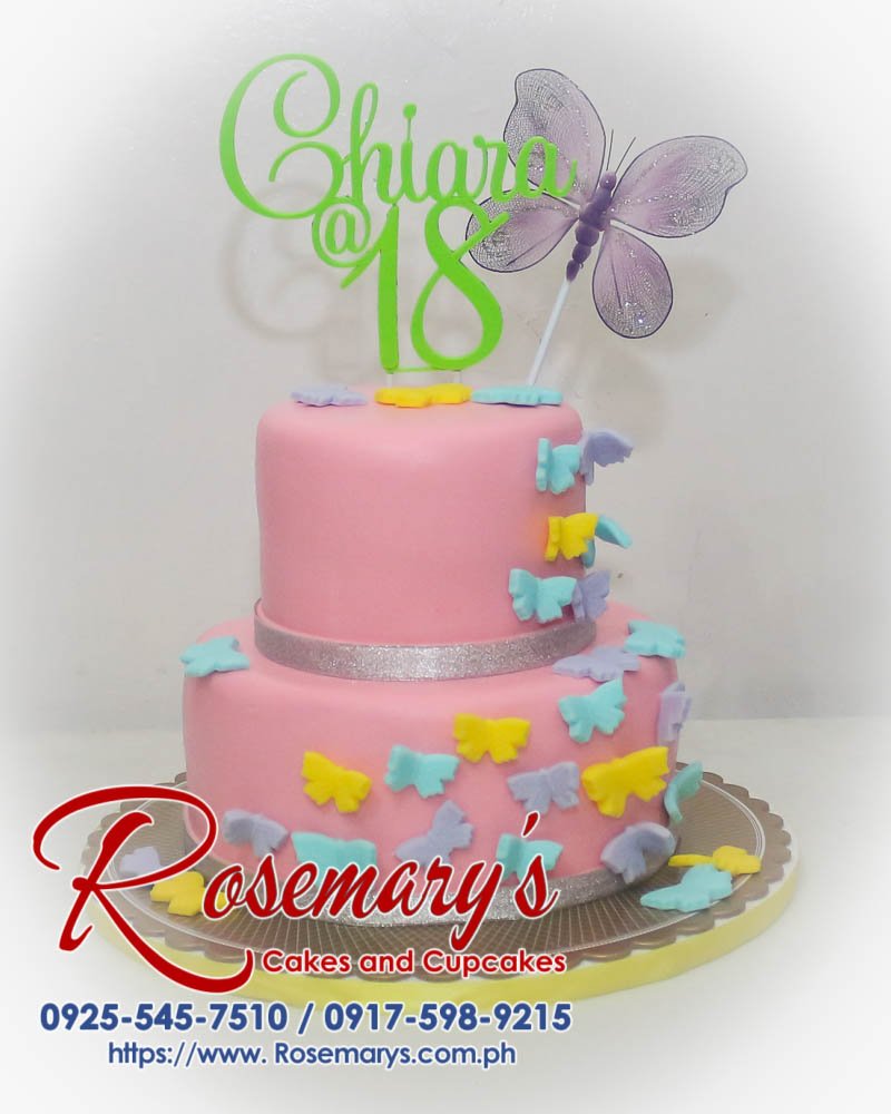 Delicious 2-tier butterfly themed cake with intricate buttercream decorations. Perfect for birthdays and special occasions! Order yours from Rosemary's Cakes: 0925-545-7510.