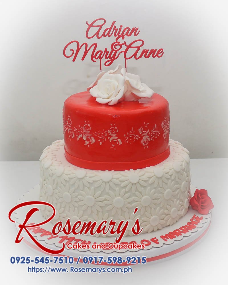 Delicious red and white 2-tier cake with a stunning 3D printed topper. Perfect for anniversaries & celebrations! Rosemary's Cakes | 0917-598-9215