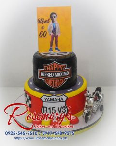 Delicious two-tier black and red cake decorated with a Harley Davidson theme. For custom cakes call Rosemary's Cakes at 0917-598-9215.