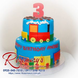 Delicious 2 layer train-themed cake from Rosemary's Cakes, perfect for celebrations. Contact: 0925-545-7510.
