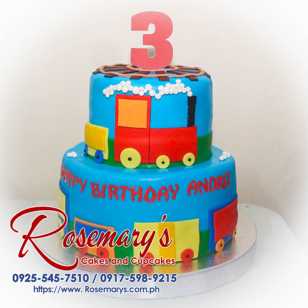 Delicious 2 layer train-themed cake from Rosemary's Cakes, perfect for celebrations. Contact: 0925-545-7510.