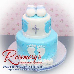 Delicious 2 layer blue themed cake for a baptismal celebration, crafted by Rosemary's Cakes. Contact: 0917-598-9215.