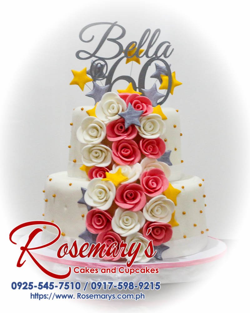 Delicious 2 layer cake by Rosemary's Cakes, featuring 3D printed roses and elegant floral decorations. Contact: 0925-545-7510.