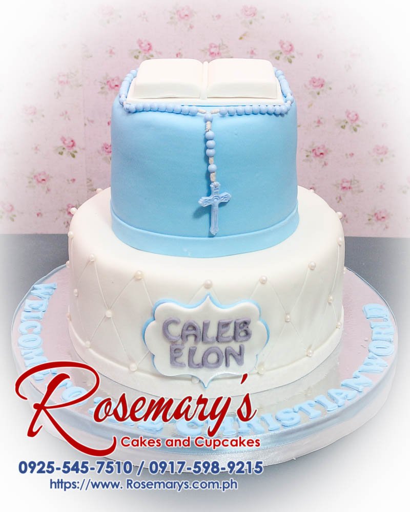Delicious 2 layer baptismal cake in blue for a christening, beautifully designed by Rosemary's Cakes. Contact: 0925-545-7510.