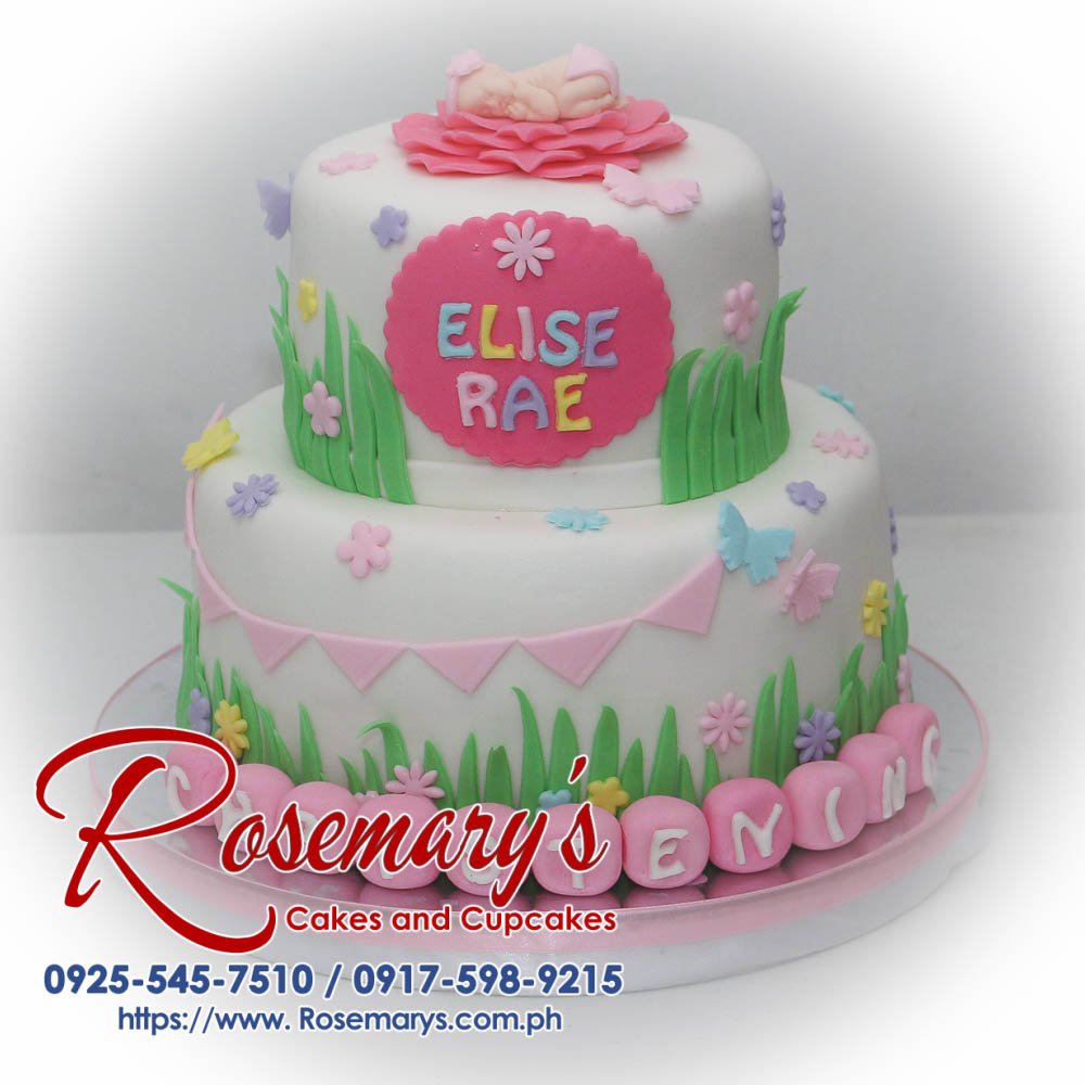2 Layer Cake for Elise Rae’s Christening Delicious 2-tier pink and green christening cake with a fondant baby. Made by Rosemary's Cakes - 0917-598-9215.