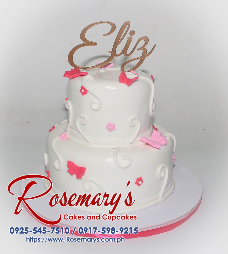 2 Layer Cake for Eliz Delicious 2-layer pink and white cake with a unique 3D printed topper. Order your custom cake from Rosemary's Cakes: 0925-545-7510.