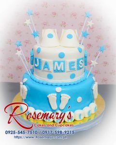Delicious 2-layer cake with blue fondant shoes, footprints, and stars, perfect for a baptismal celebration. Rosemary's Cakes, 0925-545-7510.