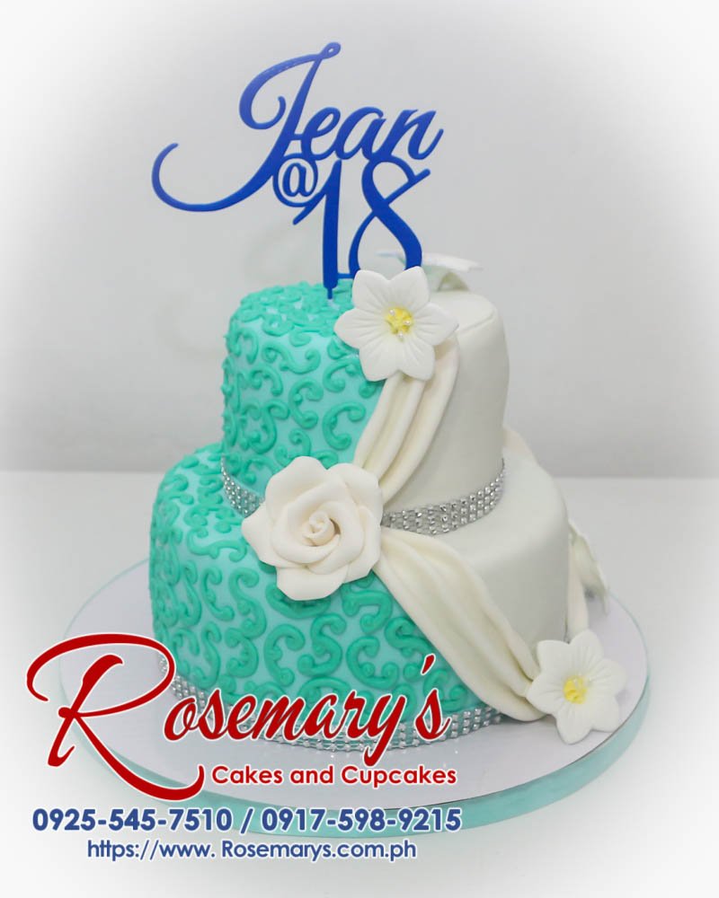 Delicious two-tier teal birthday cake with intricate frosting details. Order your custom cake from Rosemary's Cakes! Call 0925-545-7510.