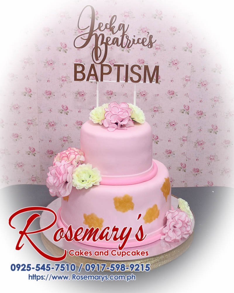 2 Layer Cake for Jecka Beatrice’s Baptism Two-layer pink baptism cake adorned with 3D printed floral decorations, perfect for a christening celebration. Rosemary's Cakes, 0925-545-7510.