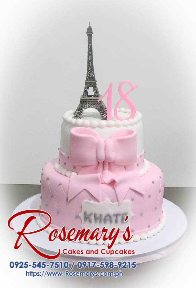2 Layer Cake for Khate’s 18th Birthday Pink two-tier birthday cake decorated with a satin ribbon and delicate floral details. Order your custom cake from Rosemary's Cakes: 0925-545-7510.