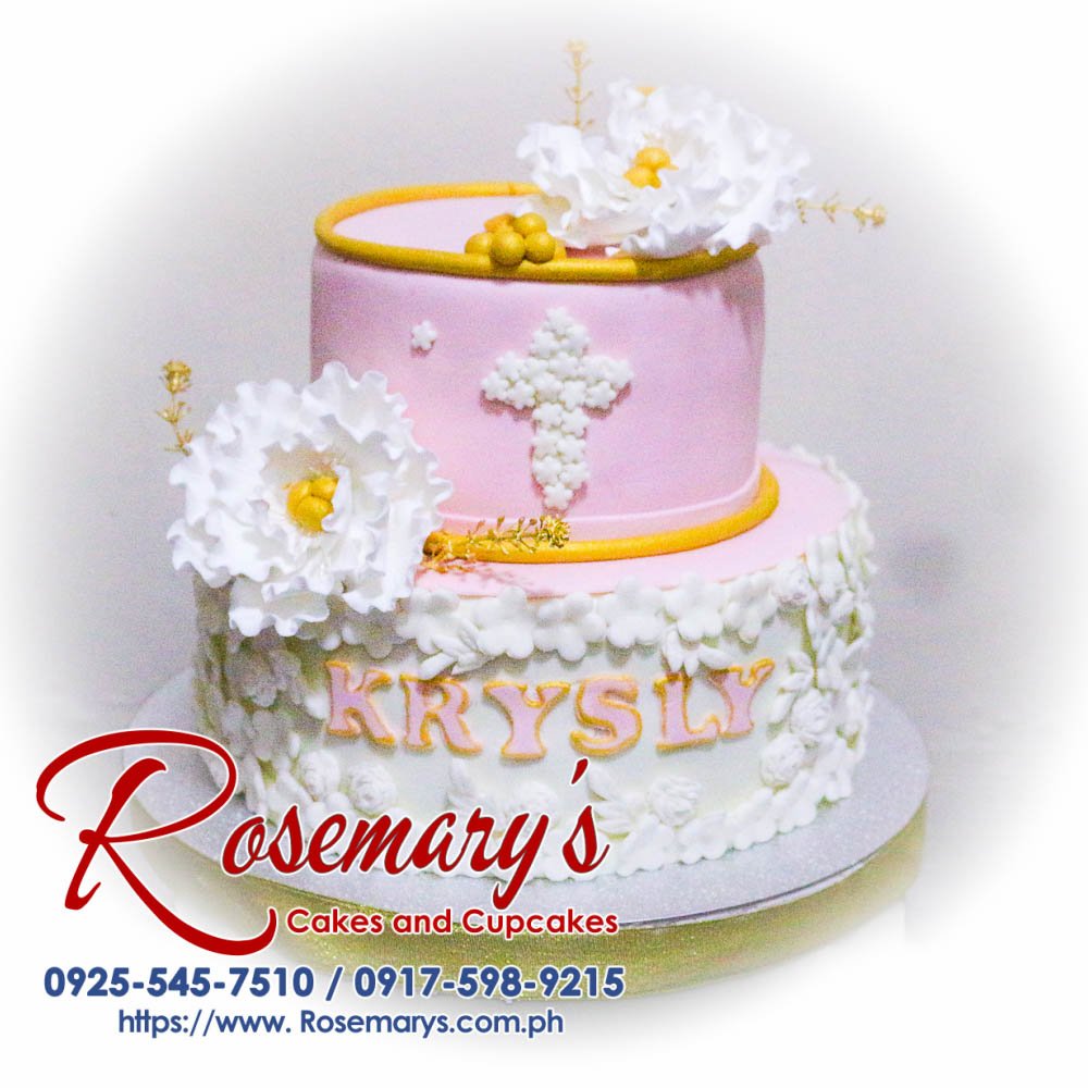 Delicious pink 2 layer themed cake for a christening by Rosemary's Cakes. Contact: 0925-545-7510.