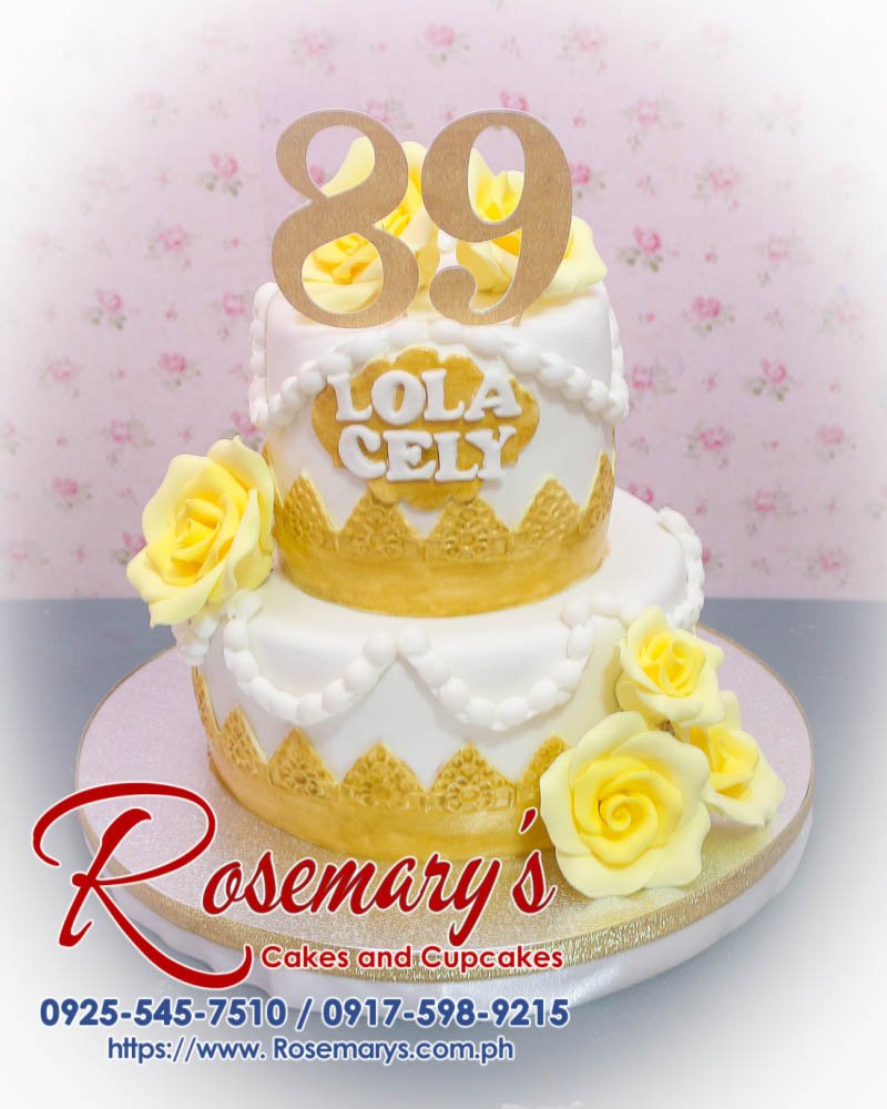 Delicious 2 layer cake for a birthday, featuring gold accents and yellow theme. From Rosemary's Cakes, contact 0917-598-9215.