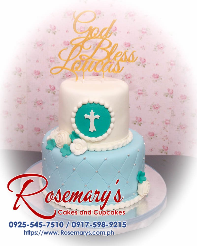 Delicious 2 layer cake for a baptismal themed celebration, featuring intricate 3D printed designs. Order from Rosemary's Cakes at 0917-598-9215.