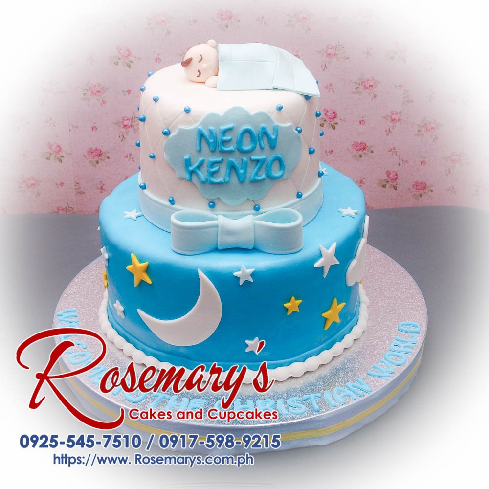 Delicious 2 layer blue and white themed cake for a baptismal, accented with a ribbon. Order from Rosemary's Cakes at 0917-598-9215.