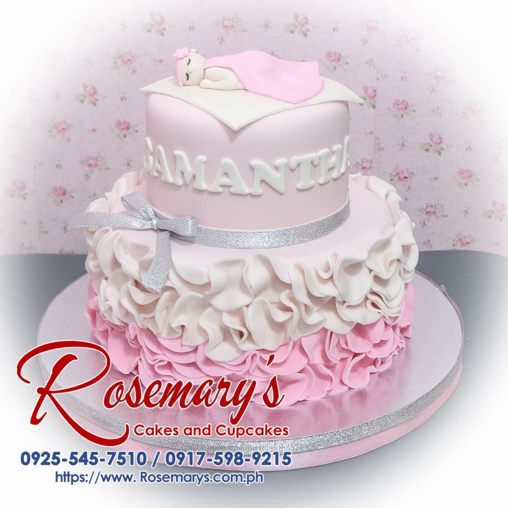 Delicious 2 layer pink themed cake for a baptismal celebration by Rosemary's Cakes. Contact: 0917-598-9215.