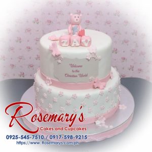 Delicious 2 layer pink christening cake adorned with a teddy bear, beautifully themed for a baptism. Order from Rosemary's Cakes, 0917-598-9215.