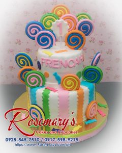 Delicious 2 layer Candyland cake with colorful candy decorations, perfect for any celebration. Contact Rosemary's Cakes 0925-545-7510.