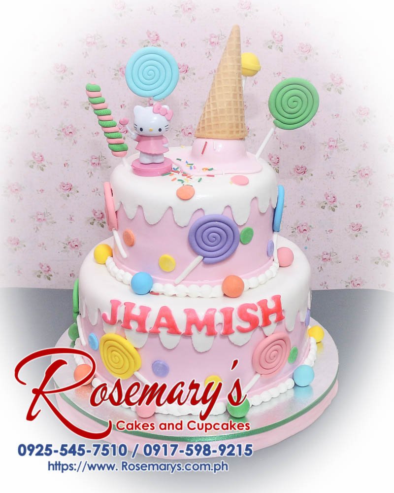Delicious 2 layer Candyland cake by Rosemary's Cakes, featuring pink frosting and colorful candy details. Contact: 0925-545-7510.