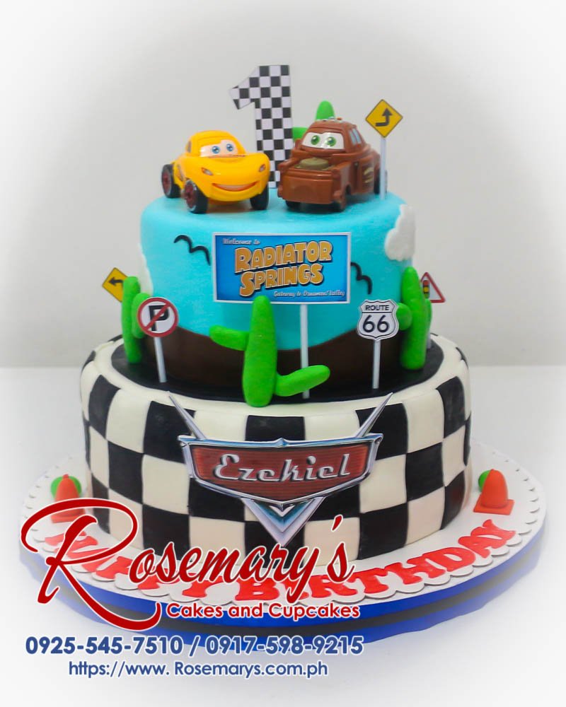 2 Layer Cars Themed CAke for Ezekiel Delicious 2-tier cars-themed cake featuring Lightning McQueen details. Order your custom cake from Rosemary's Cakes: 0917-598-9215.