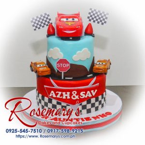 Delicious 2-layer blue and red cake with a car theme featuring Lightning McQueen. Order your custom cake from Rosemary's Cakes: 0917-598-9215