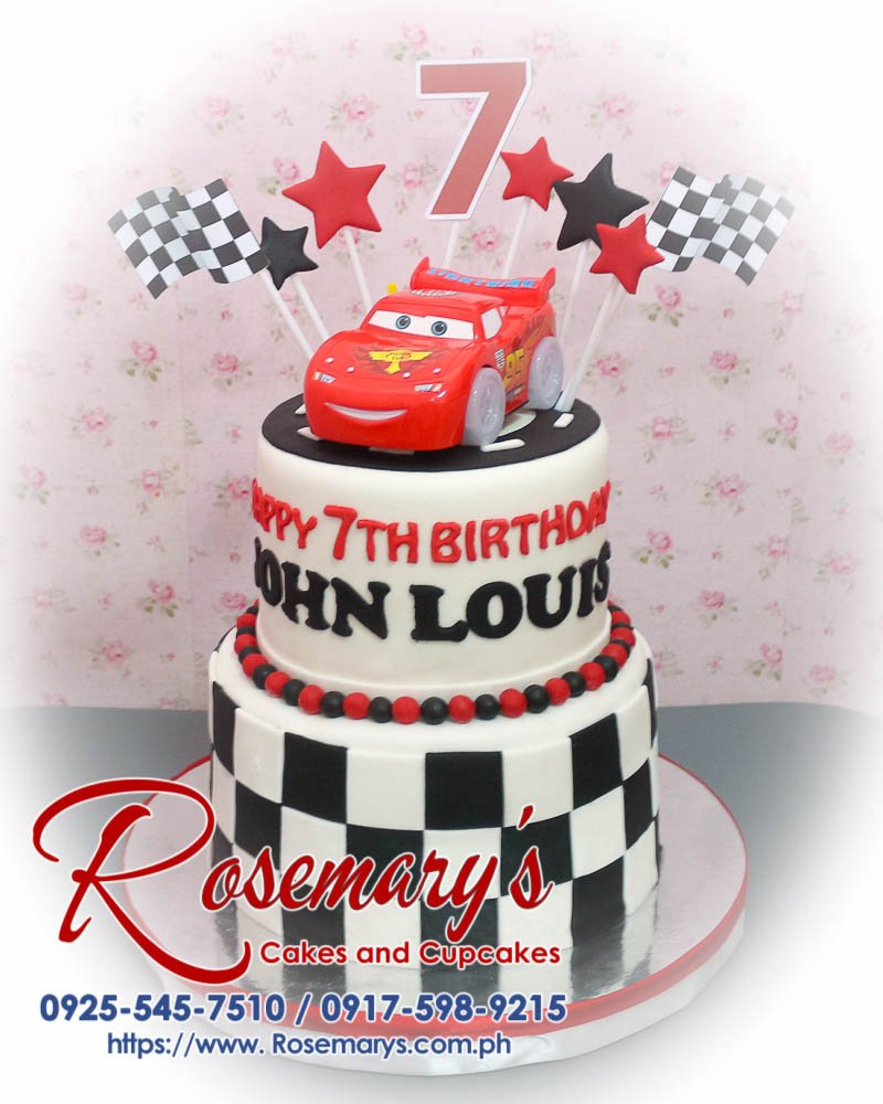 2 Layer Cars Themed Cake for John Louis Delicious 2 layer black and white Cars themed cake featuring Lightning McQueen, made by Rosemary's Cakes. Contact: 0917-598-9215.
