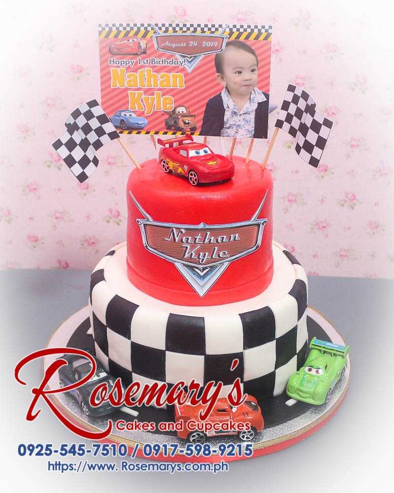 2 Layer Cars Themed Cake for Nathan Kyle Delicious 2 layer cars themed cake featuring Lightning McQueen, vibrant red design. Order from Rosemary's Cakes: 0917-598-9215.
