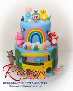 Delicious 2 layer Cocomelon themed cake featuring vibrant colors and playful designs. Order from Rosemary's Cakes: 0925-545-7510.