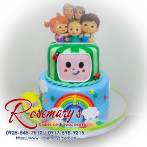 Delicious 2 layer Cocomelon themed cake, vibrant colors and playful decorations. Order from Rosemary's Cakes at 0925-545-7510.