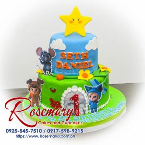 Delicious two-layer Dave and Ava themed cake with blue and green frosting details. Order your own custom cake from Rosemary's Cakes! Call 0917-598-9215.