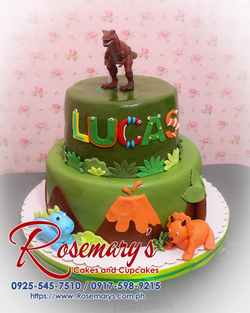 2 Layer Dinosaurs Themed Cake for Lucas Delicious 2 layer dinosaur themed cake from Rosemary's Cakes, featuring vibrant green frosting and fun dinosaur decorations. Contact 0925-545-7510.