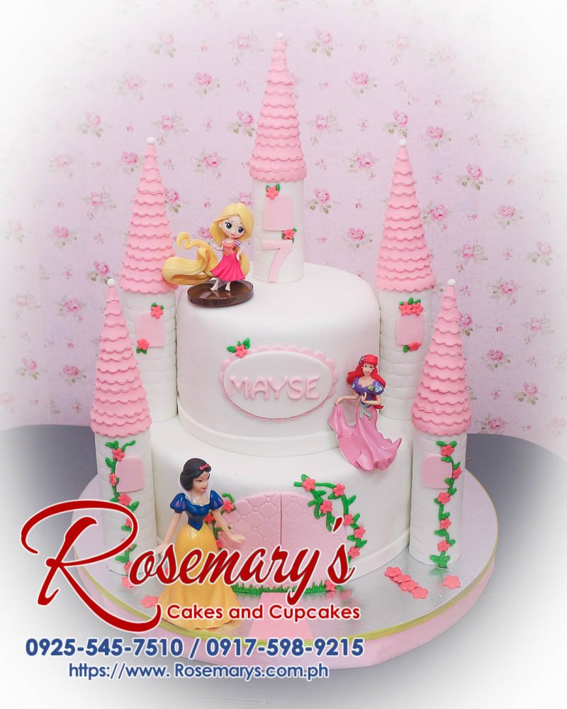 Delicious 2-layer pink Disney Princess castle cake by Rosemary's Cakes, perfect for themed celebrations. Call 0917-598-9215.