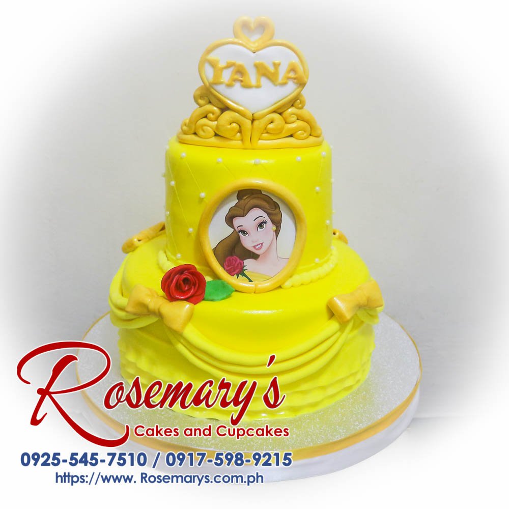 Delicious 2 layer Disney Princess themed cake featuring Beauty and the Beast's Belle, crafted by Rosemary's Cakes. Contact: 0917-598-9215.
