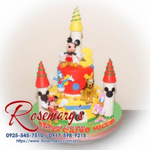 Delicious 2 layer Disney themed cake featuring Mickey Mouse and Donald Duck, crafted by Rosemary's Cakes. Call 0925-545-7510.