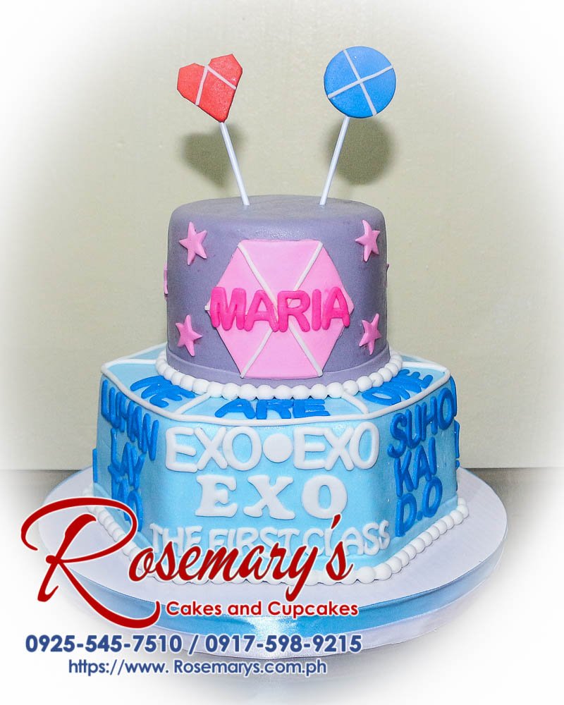 Delicious two-tier blue and pink cake, decorated with EXO theme elements. Perfect for birthdays! Order yours from Rosemary's Cakes: 0917-598-9215.