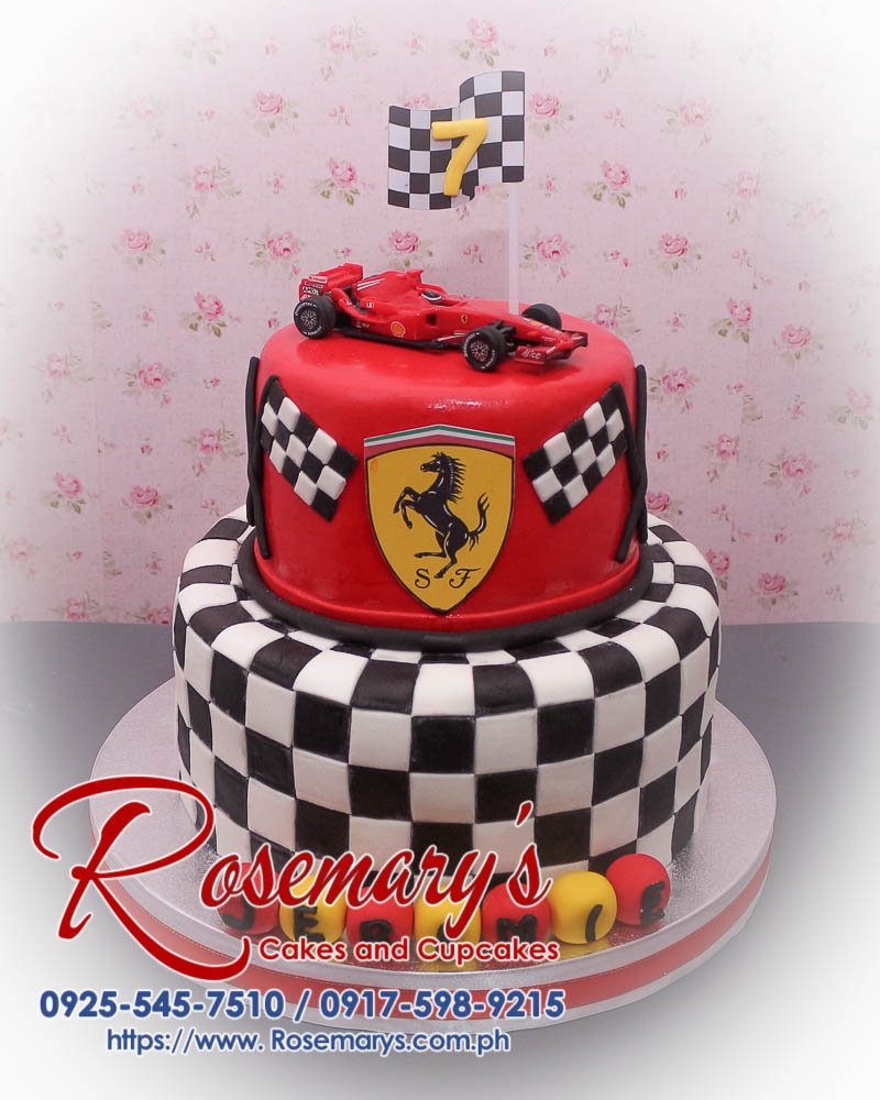 Delicious 2 layer Ferrari themed cake with black and red colors, chequered design. Order from Rosemary's Cakes, 0917-598-9215.