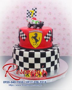 Delicious 2 layer Ferrari themed cake with chequered detailing, rich red frosting. Order from Rosemary's Cakes at 0917-598-9215.