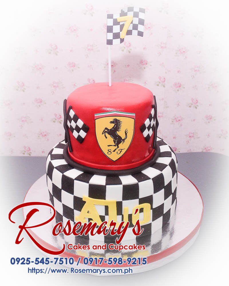 Two-layer Ferrari themed cake with red and black icing, decorated with fondant details. Order from Rosemary's Cakes at 0925-545-7510.