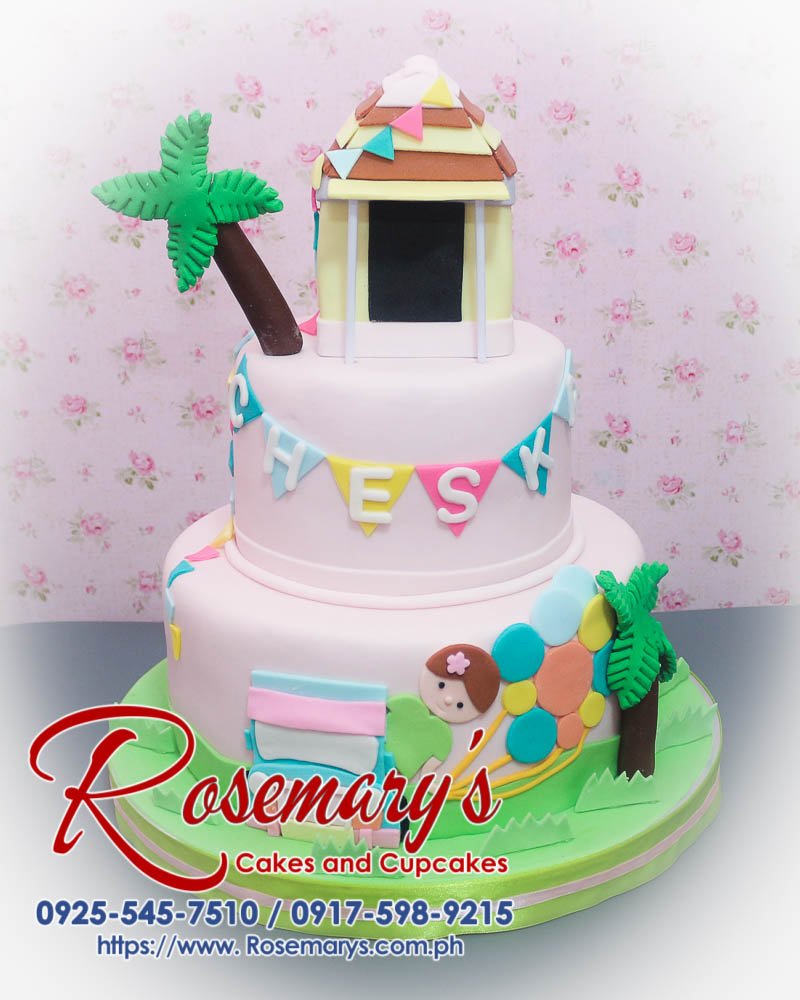 Delicious 2 layer fiesta themed cake by Rosemary's Cakes, featuring pastel pink design. Contact: 0925-545-7510.