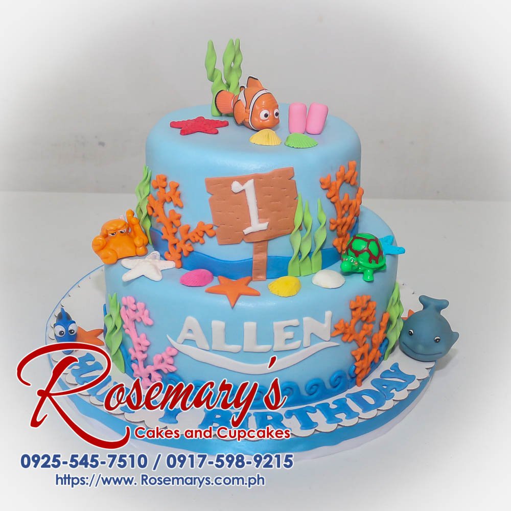 Delicious two-tier blue Finding Nemo cake. Perfect for birthdays and celebrations! Order yours from Rosemary's Cakes: 0925-545-7510.