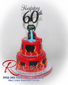 Delicious 2-layer red cake with a 3D printed fireman topper. Perfect for celebrations! Order yours from Rosemary's Cakes: 0917-598-9215.