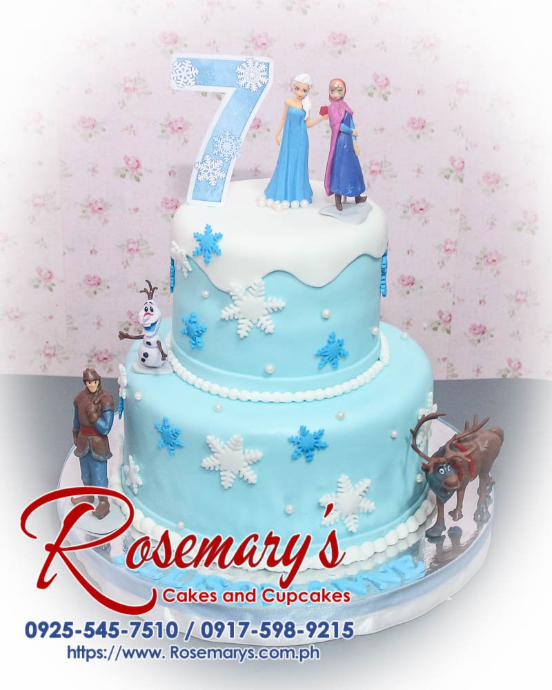 Two-layer Frozen themed cake featuring Elsa and Anna, beautifully decorated. Perfect for celebrations! Rosemary's Cakes, 0917-598-9215.