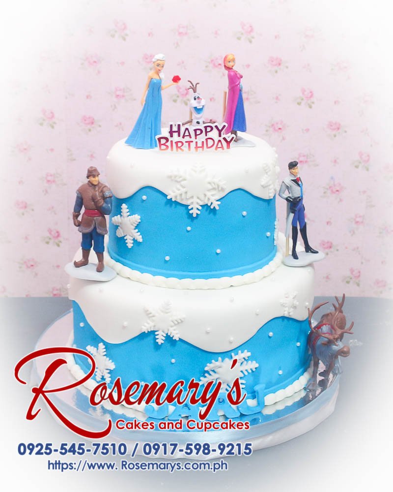 Delicious 2 layer Frozen themed cake in blue, perfect for any celebration. Order from Rosemary's Cakes: 0917-598-9215.