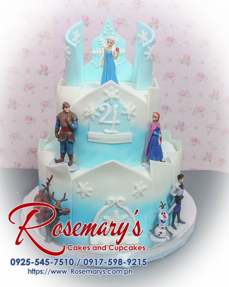 Delicious 2-layer Frozen themed cake featuring Anna, Elsa, and Olaf in vibrant blue. Order at Rosemary's Cakes, 0917-598-9215.