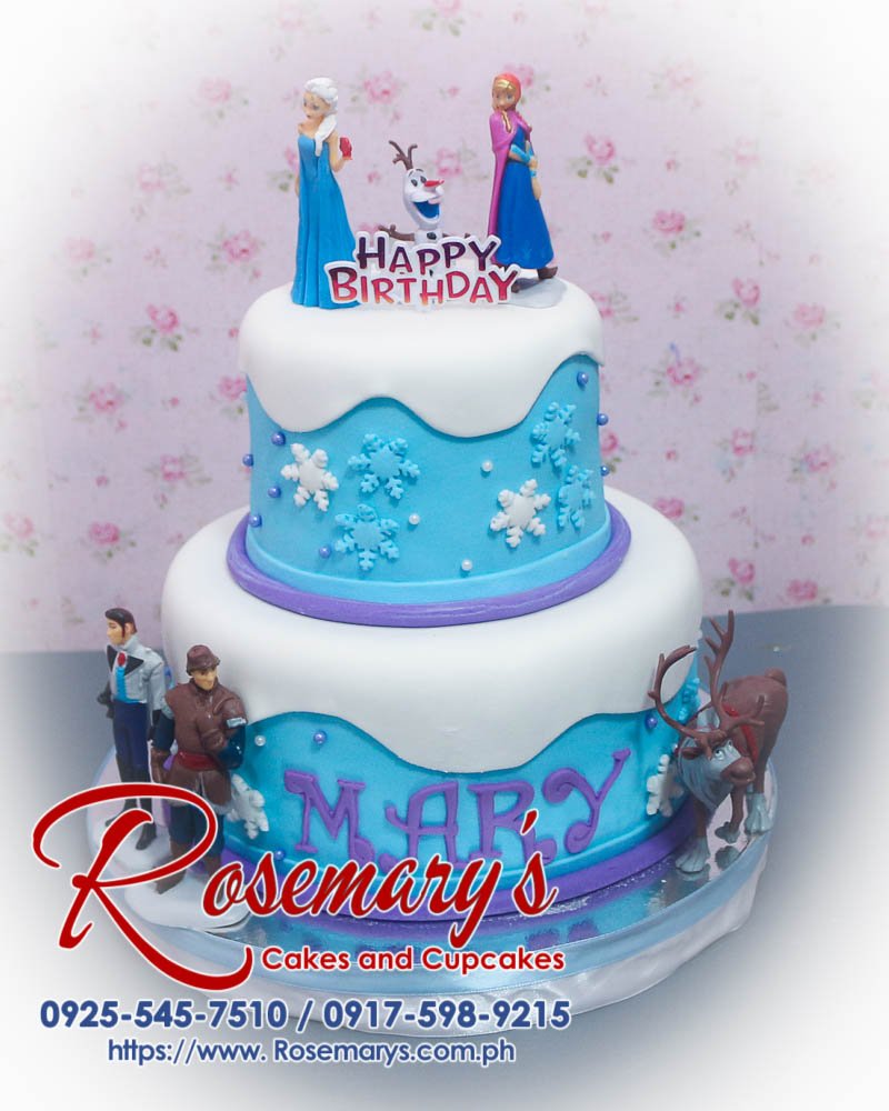 2 Layer Frozen Themed Cake for Mary Two-layer Frozen themed cake in vibrant blue, richly decorated and deliciously crafted. Order from Rosemary's Cakes: 0925-545-7510.
