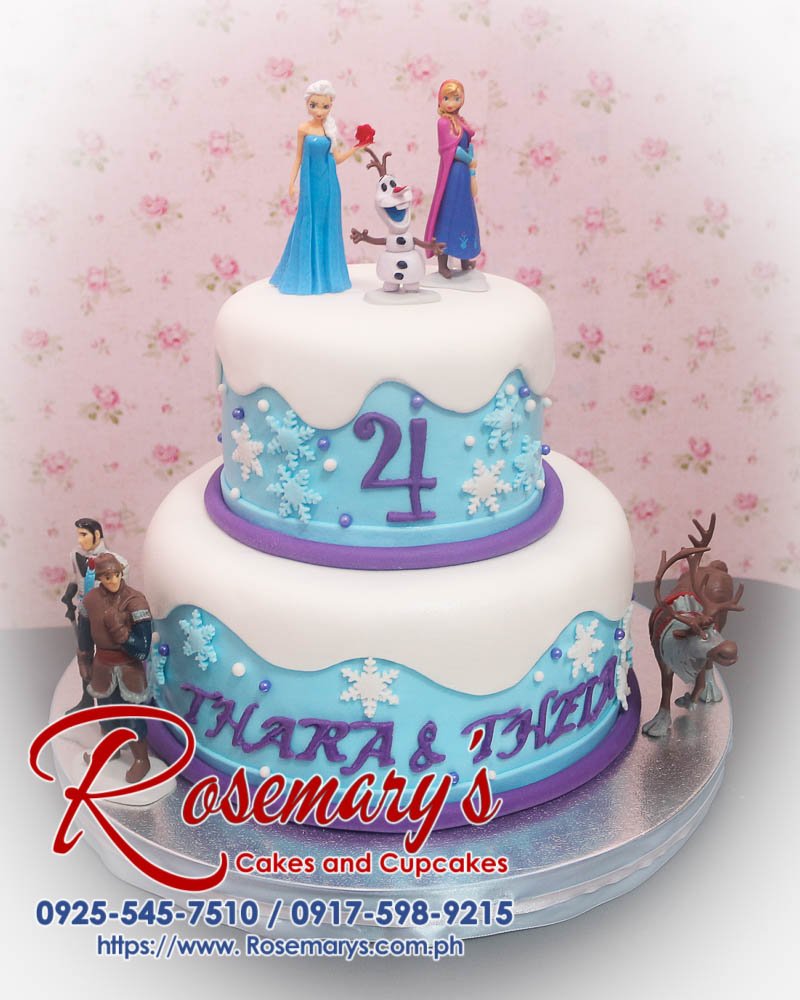 Delicious 2 layer Frozen themed cake in blue and purple, perfect for celebrations. Order from Rosemary's Cakes, 0917-598-9215.